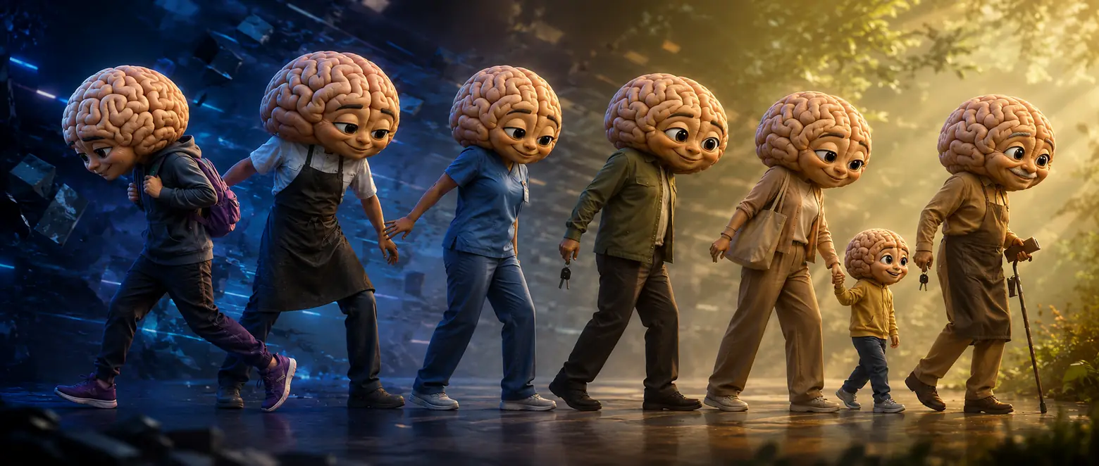 Diverse Get Mental Fit brain characters of different ages and life roles walking from a cool, overloaded blue into warm, clear light, representing recognizing the pull on their attention