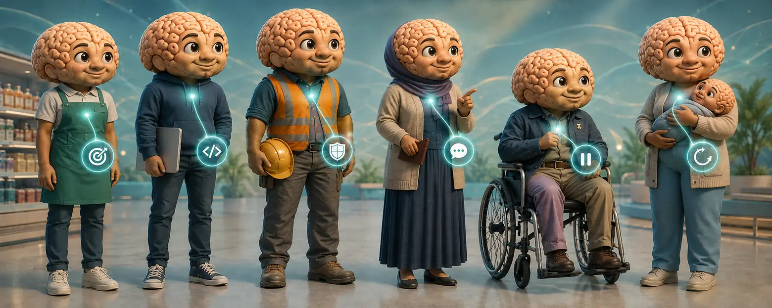 Diverse Get Mental Fit brain characters of different professions, including a wheelchair user and a woman wearing a hijab, each connected to a glowing icon representing the mental skill they are building