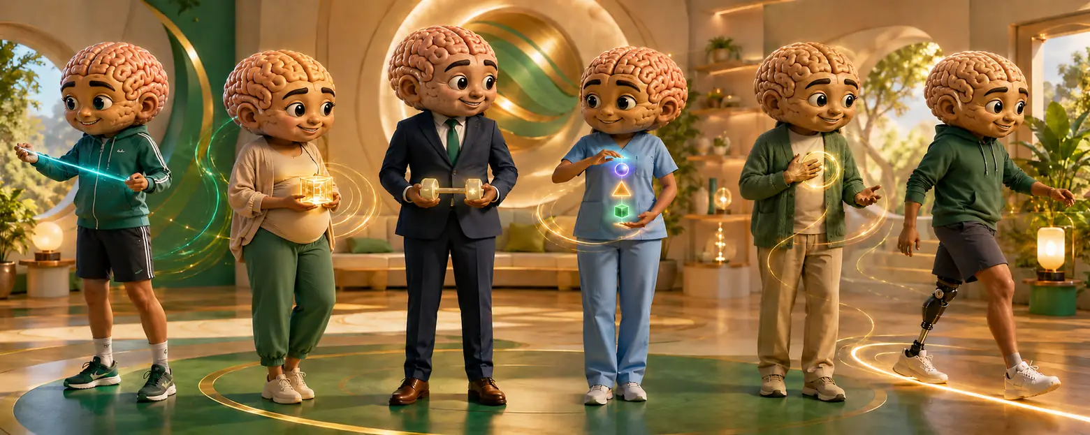 Diverse Get Mental Fit brain characters, including a pregnant character and a character with a prosthetic leg, each actively training a glowing mental fitness skill