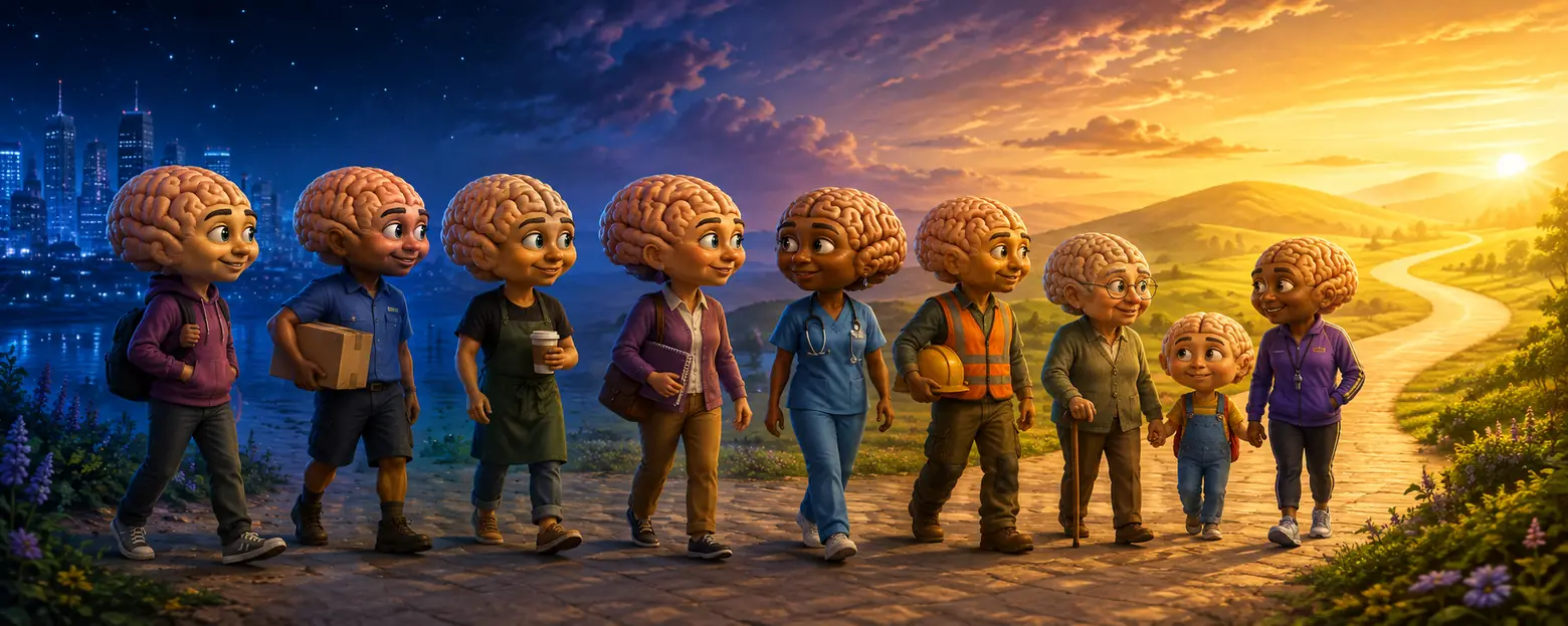 A diverse group of Get Mental Fit brain characters of all ages, including an elder with a cane and a child, walking together from a city at night toward a bright sunrise on an open path