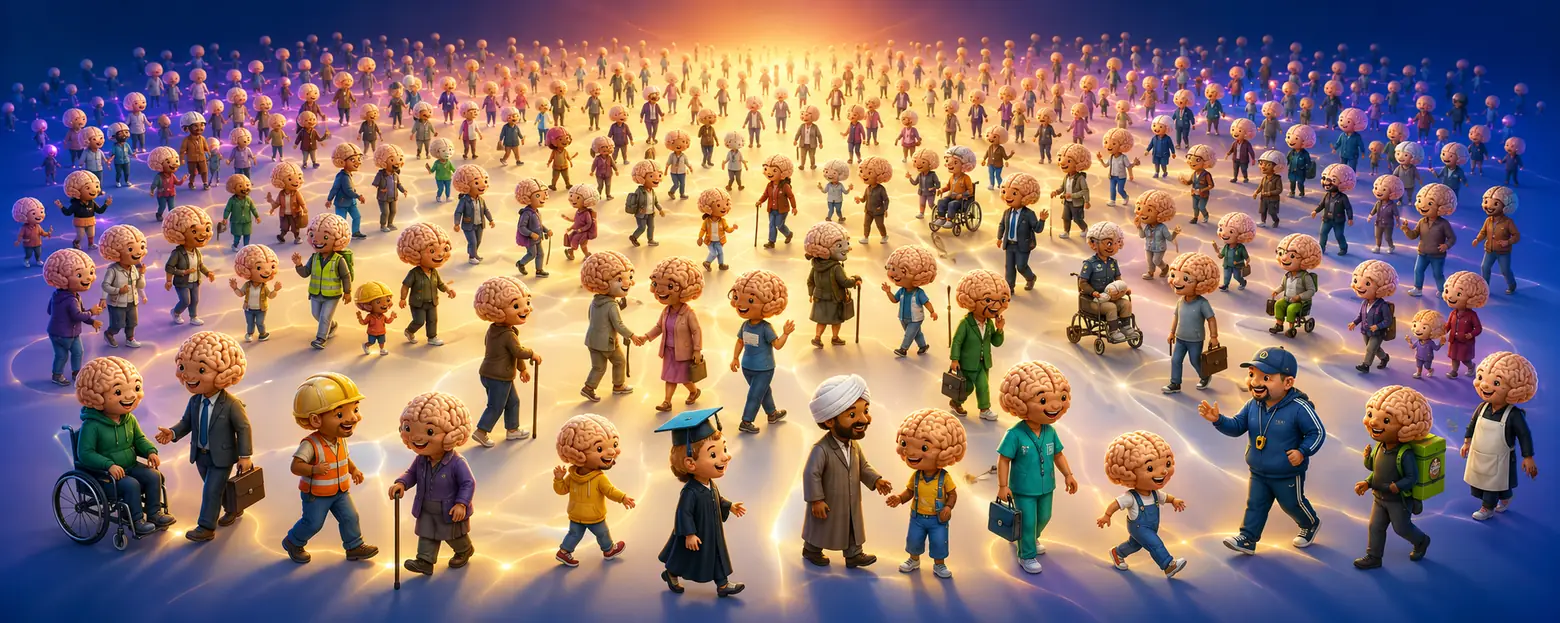 A large, diverse crowd of Get Mental Fit brain characters of every age, ability, and background walking together toward a bright horizon, representing the 20 Million Minds movement