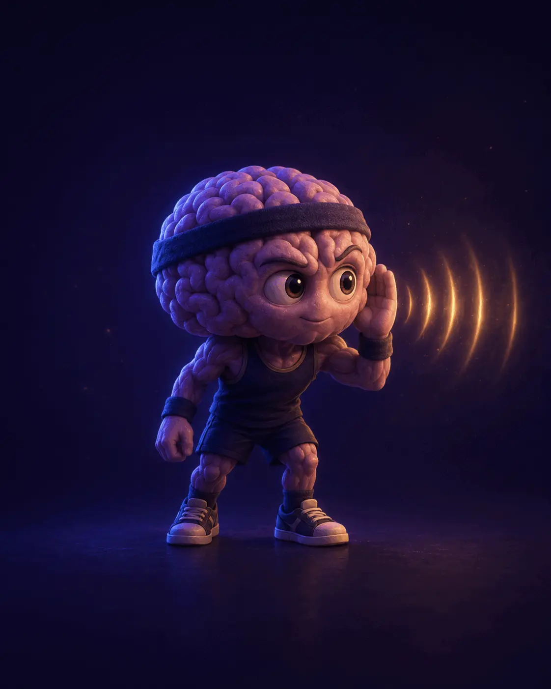 3D brain character practicing listening