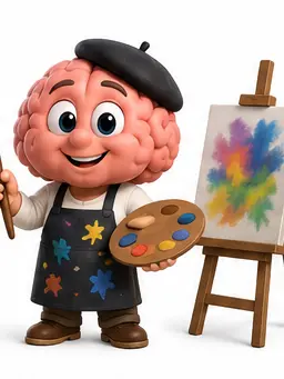 Brain character dressed as a painter