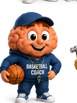 Brain character dressed as a basketball coach