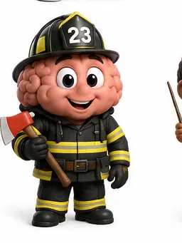 Brain character dressed as a firefighter