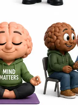 Brain character meditating, wearing a Mind Matters hoodie