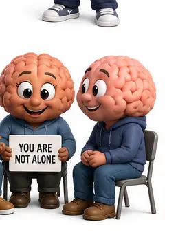 Three brain characters sitting in a peer support circle