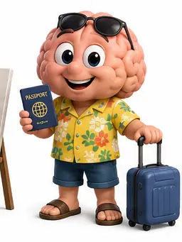 Brain character dressed as a traveler with a suitcase