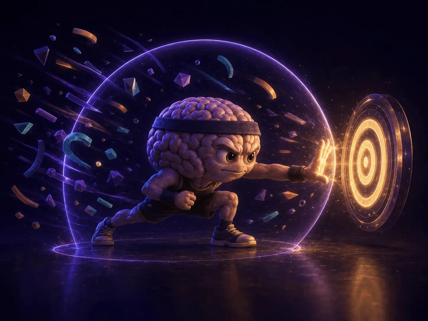 3D brain character practicing focused attention