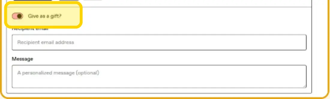 Product-neutral Gumroad gift controls with the Give as a gift toggle highlighted in yellow