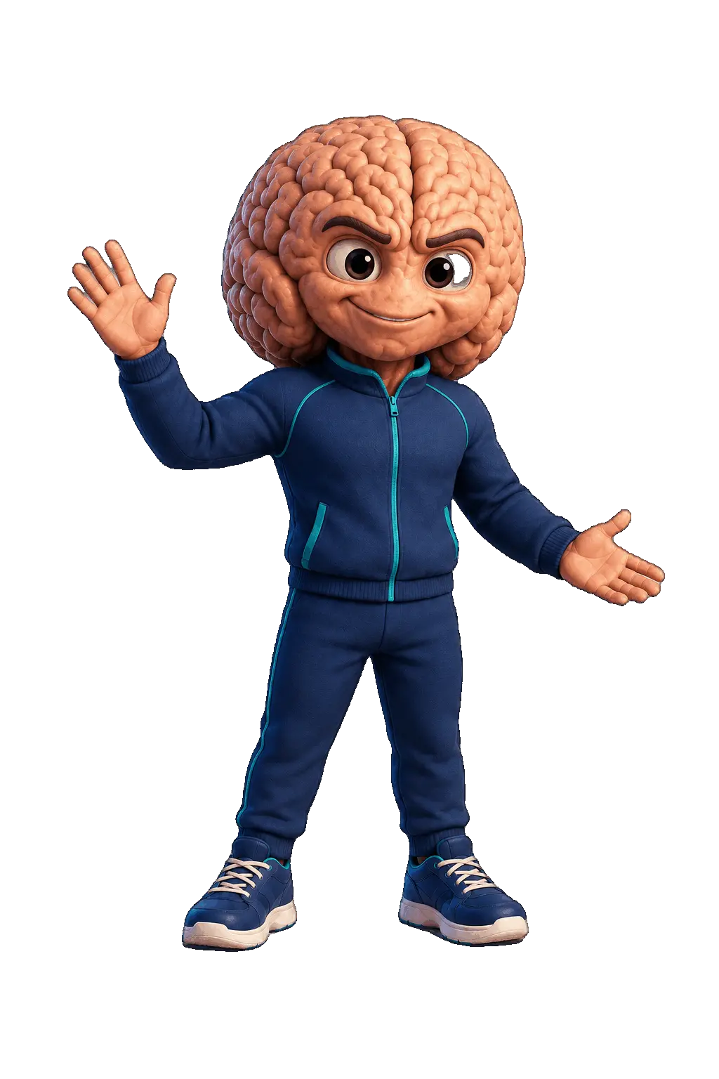 Friendly 3D Get Mental Fit brain mascot in a navy and teal tracksuit, welcoming visitors